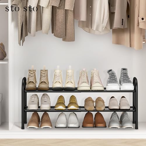 STO STO Expandable Shoe Rack, 2-Tier Metal Small Shoe Rack for Closet, Up to 12 Pairs Adjustable Shoe Rack Storage for Front Door Entrance, Free Standing Shoe Rack Organizer for Entryway, Black - size: 2-Tier