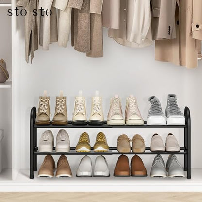 STO STO Expandable Shoe Rack, 2-Tier Metal Small Shoe Rack for Closet, Up to 12 Pairs Adjustable Shoe Rack Storage for Front Door Entrance, Free Standing Shoe Rack Organizer for Entryway, Black - size: 2-Tier