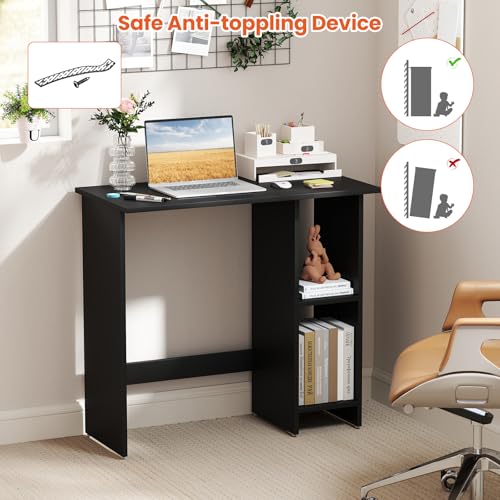 Giantex Small Desk, Compact Study Writing Desk with 3-Position Adjustable Shelf, Anti-Toppling Kit, Modern PC Laptop Table, Home Office Computer Workstation for Small Space Bedroom Dorm, Black - color: Black