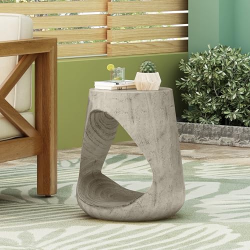 Concrete Gray Hollow Sculptural Faux Wood Stump Side Table, Lightweight MgO Pedestal Accent End Table, Modern Wabi-Sabi Plant Stand for Living Room Bedroom Covered Patio Decor - color: 1pcs-grey