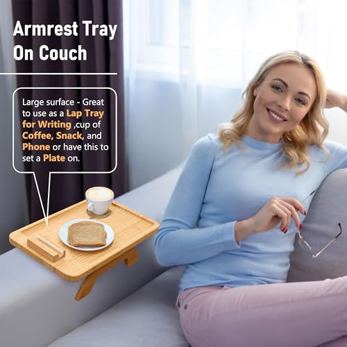 SINWANT Couch Arm Tray,Bamboo Sofa Clip on Side Table,Foldable Couch Armrest Table with 360°Rotating Phone Holder,Anti Slip Food Trays for Eating/Drinks/Snacks/Remotes 15.35" x 9.85" - color: Natural