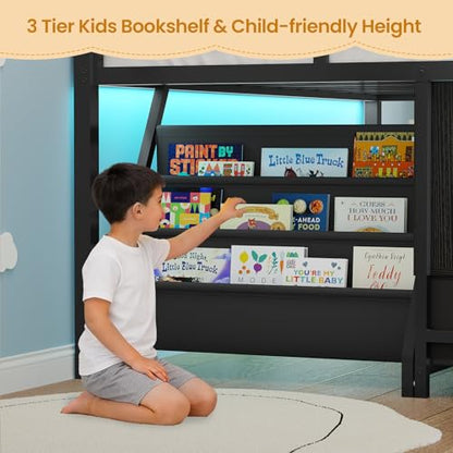 BTHFST Low Loft Bed Twin Size with 3 Storage Drawers, 3-Tier Kids Bookshelf, 5 Open Cubbies and 2 LED Lights Strips, Metal Kids Loft Bed with High Safety Guardrail, Inclined Ladder and Play Area - color: Black