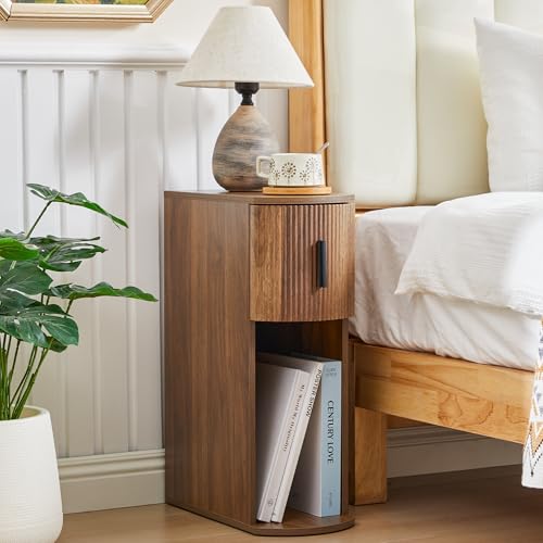 Janmer Home Fluted Narrow Nightstand for Bedroom, Curved Slim Storage End Table with Drawer, Side Table, Wooden Bedside Cabinet for Small Spaces, Walnut - color: Walnut