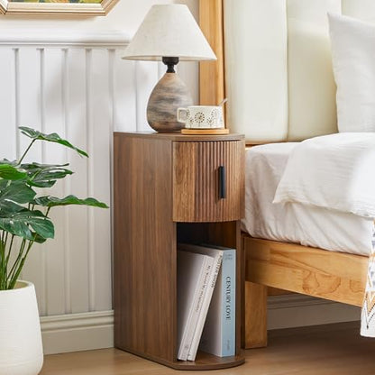 Narrow Nightstand Set of 2, Fluted Small Night Stand, Slim Curved Storage End Table with Drawer, Mid Century Modern Wooden Bedside Cabinet for Bedroom,Small Spaces, Walnut - color: Walnut Set 2