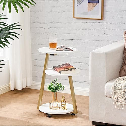 BEWISHOME Round End Table Side Table, White Gold, KTZ41M | Metal Frame, 3-Tier Shelves, Accent Bedside Table Nightstand, Small Couch Table - color: White, size: without PowerOutlet
