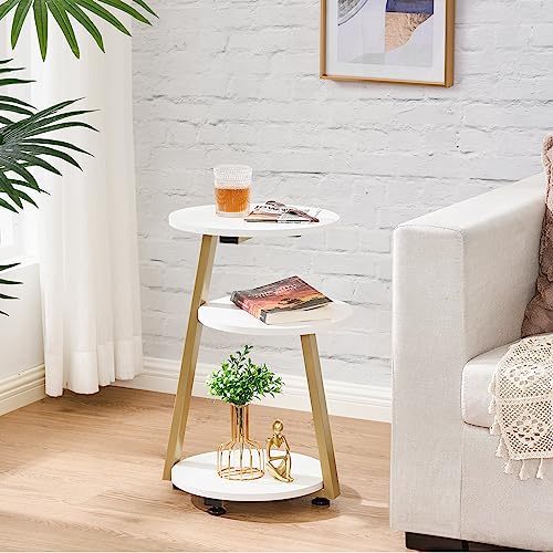BEWISHOME Round End Table Side Table, White Gold, KTZ41M | Metal Frame, 3-Tier Shelves, Accent Bedside Table Nightstand, Small Couch Table - color: White, size: without PowerOutlet