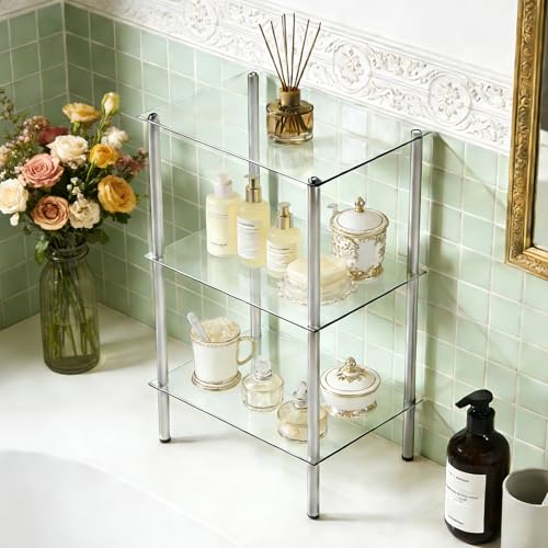 HOOBRO Glass Shelf, 3 Tier Bathroom Standing Shelf Unit, Tempered Glass Shelving Stand for Small Space, Perfume Stand Organizer, Space-Saving, for Bathroom, Bedroom, Steel Frame, Silver SV03CJ01 - size: 15"L x 11.8"W x 29.5"H