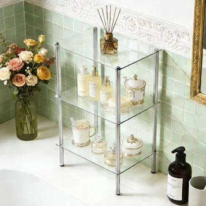 HOOBRO Glass Shelf, 3 Tier Bathroom Standing Shelf Unit, Tempered Glass Shelving Stand for Small Space, Perfume Stand Organizer, Space-Saving, for Bathroom, Bedroom, Steel Frame, Silver SV03CJ01 - size: 15"L x 11.8"W x 29.5"H