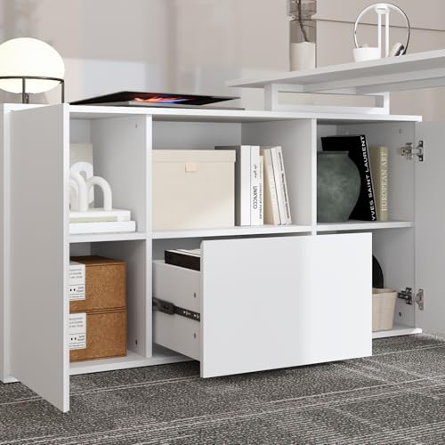 Homsee Electric Height Adjustable Standing Desk with Storage Cabinet, U-Shape Computer Desk with Drawer & Open Shelves for Home Office, Workstation Desk for Writing Study Executive, White