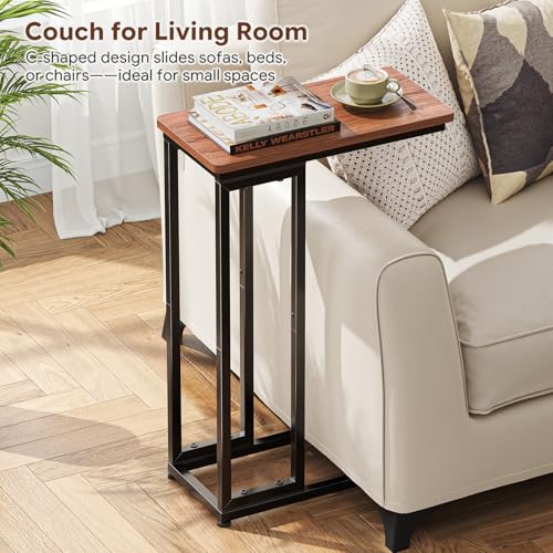 Ekisemio C-Shaped End Table, Slide Under Sofa Side Table with Metal Frame, Rustic Brown for Living Room