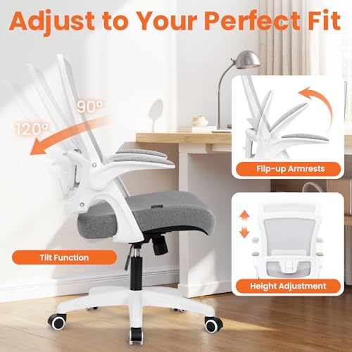 NEO CHAIR Office Desk Gaming Chair Computer High Back Mesh Seat with Rolling Wheels Ergonomic Adjustable Comfy Flip-up Armrests Lumbar Support Height for Home (Grey White Frame) - color: Grey