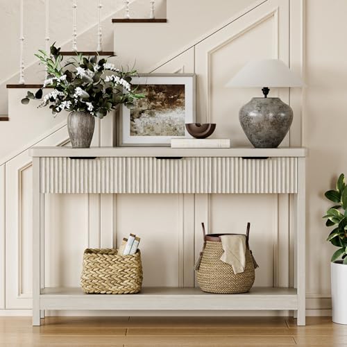 Fluted Console Table, 51 Inch Entryway Table with 3 Drawers | Scandi farmhouse look with quiet full-extension slides, open lower shelf, profile for hallway, entry, foyer or behind sofa. - color: Grey White