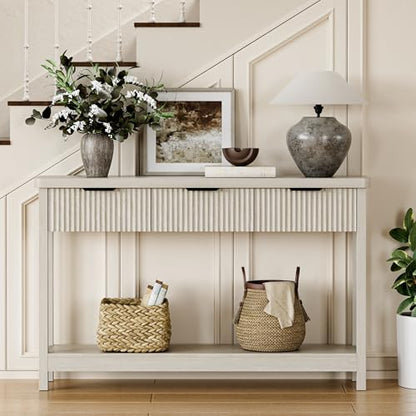 Fluted Console Table, 51 Inch Entryway Table with 3 Drawers | Scandi farmhouse look with quiet full-extension slides, open lower shelf, profile for hallway, entry, foyer or behind sofa. - color: Grey White