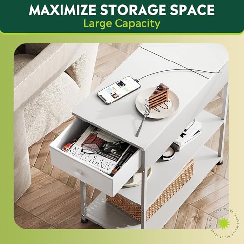 WLIVE Narrow Side Table with Charging Station, Couch Side Table for Living Room, Narrow End Table for Bedroom with Fabric Drawer, USB Ports and Power Outlets, Samll Nightstand Bedside Tables, White - color: White
