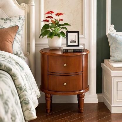 Round Solid Wood End Table with 2 Drawers and Fully Assembly | Beside Table for Couch, American Style Nightstand for Bedroom, Telephone Table for Living Room, Small Space Accent Table - size: 20.1" H End Table
