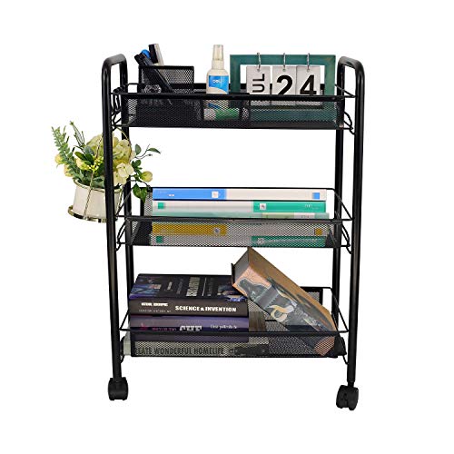 3-Tier Mesh Rolling Cart - 24.8" H Fits Under Desk Metal Cart with Wheel | Hold 35bls/Tier Small Space Storage Organizer Crafts Utility Cart for Office Pantry Bathroom Kitchen Laundry, Black - color: Black, size: 3 tier