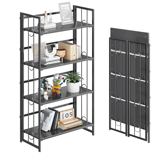 4NM No Assembly 4 Tiers Folding Bookshelf, 47.2" H Foldable Storage Shelves Vintage Bookcase Standing Racks Study Organizer Home Office - All Black - color: All Black, size: 4-Tier