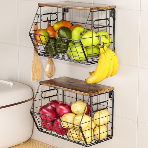 Delamu Stackable Metal Fruit Basket with Wood Lid 2 Pack, Hanging Wall Organizer for Kitchen Counter, Pantry Storage for Onions, Potatoes, Garlic, Fruits, Spices, Black - size: 2 Pack