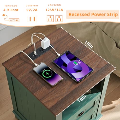 Joaxswe 18" Farmhouse Night Stand with Charging Station, 2 Drawers Bedside End Table, Green Wooden Nightstand, Bed Side Table Cabinet with Open Shelf for Bedroom Living Room Office - color: Green Set 1, size: 2 Drawers
