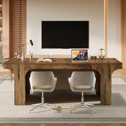 Tribesigns 70.87" Executive Office Desk with Arched Design, Rustic Brown | Modern Wooden Writing Table, Large Workspace Computer Desk Simple Business Furniture for Home Office, Sturdy Room - color: Rustic Brown