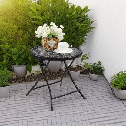 TeoKJ Folding Small Outdoor Side Tables, Anti Rust Small Patio Table Round Metal Nightstand with Flower Cutouts for Porch Yard Balcony Deck Lawn, Black - color: Black