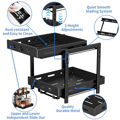 BOIVSHI Pull Out Spice Racks for Inside Cabinets, 2-Tier Cabinet Spice Rack, Height Adjustable Spice Rack Organizer for Cabinet, Kitchen Vertical Spice Rack (9.7''Wx10.8''Dx9.2''H, Metal Black) - size: 9.7''Wx10.8''Dx9.2''H,2 Tier