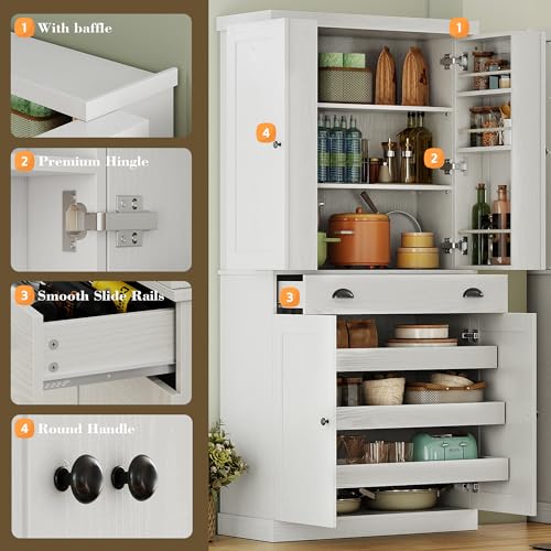 IRONCK 72" Kitchen Pantry Cabinet with Drawer and Sliding Racks, White | White wood pantry cabinet. 6 door shelves. 3 sliding racks. For kitchen, dining room, or hallway. - color: White