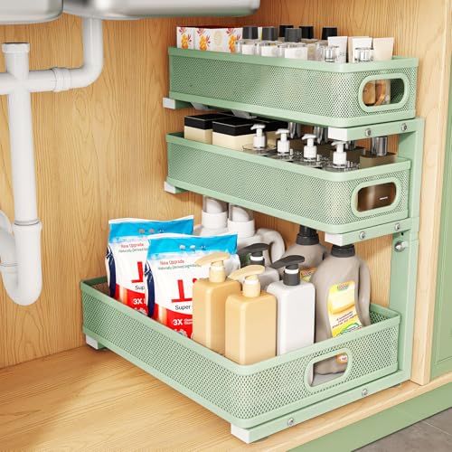 Kitstorack Under Sink Organizer, 1-Pack 3-Tier Height Adjustable Thickened Metal Pull out Cabinet Organizer Shelf, Slide out Storage Drawer Rack for Bathroom Kitchen Pantry Home Organization, Green - color: Green, size: 1 Pack