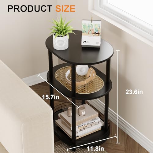 Small Rattan Side/Accent Table with Storage, 3 Tier Round/Oval End Table with Rattan Shelf & Metal Basket, Boho Nightstand, Tool Free Assembly/Screw-Hole Free Tabletop-Living Room Bedroom-Black - color: Black-rattan, size: 1PC