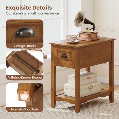 Giantex End Table with Drawer, Retro Narrow Side Table, Nightstand with Solid Wood & Storage Shelf, Bedside Table for Living Room Bedroom Small Space Home Office (2, Tawny) - color: Tawny
