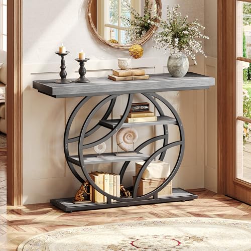 Huuger 41.3 Inch Entryway Table, Modern Console Sofa Table, Accent Table with Shelves, for Entry, Hallway, Entrance, Foyer, O-Shaped Metal Frame, Light Grey - color: Light Grey, size: 11.8"D x 41.3"W x 31.5"H