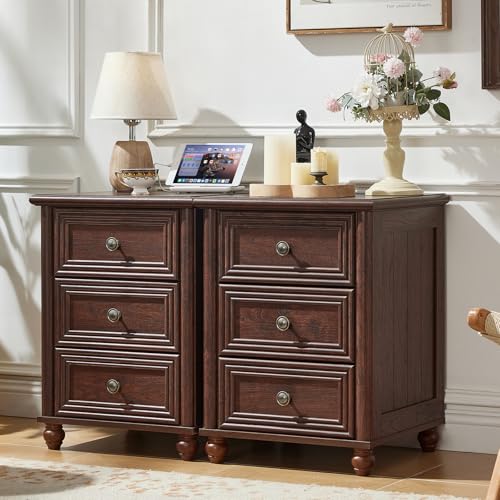 RWYHG 18" Nightstands Set of 2 with Charging Station & 3 Drawers | Farmhouse Modern Night Stand, Bedside Table with Metal Handle, Walnut Bed Side End Tables for Bedroom Living Room - color: Walnut, size: 18"D x 18"W x 24"H (3 Drawers)