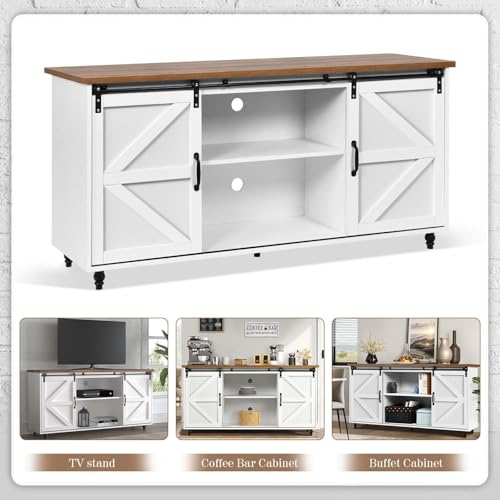 4ever2buy Farmhouse Coffee Bar Cabinet with Storage, 58'' Sideboard Buffet Cabinet with Sliding Barn Door, White Coffee Bar with Gourd Feet, Farmhouse Cabinet for Living Room
