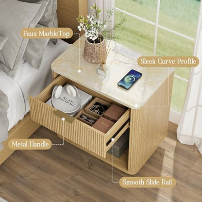 Fluted Nightstand Set of 2, Bedside Table with Faux Marble-Top, Modern Nightstand with Charging Station, Drawers and Open Shelf, Curved Corners, Modern Night Stand for Bedroom, Natural Oak - size: 2 PACK
