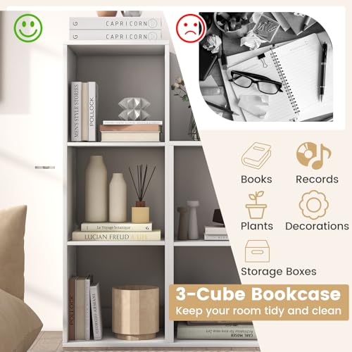 Giantex 3-Cube Bookcase of 2, White Cubby Bookshelf w/Back Guardrail & Anti-Tipping Kits, 3-Tier Freestanding Storage Organizer with Shelves, Open Back Display Rack for Living Room, Bedroom, Study