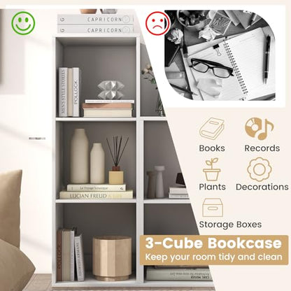 Giantex 3-Cube Bookcase of 2, White Cubby Bookshelf w/Back Guardrail & Anti-Tipping Kits, 3-Tier Freestanding Storage Organizer with Shelves, Open Back Display Rack for Living Room, Bedroom, Study