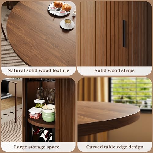 Wildhome Round Dining Table for 2-3, 31 Inch Dining Room Kitchen Table with 2-Tier Storage Shelf & Wine Rack, Modern Farmhouse Fluted Wood Slide Door Dinner Furniture,Circle(Non scalable-32 In-Walnut) - color: Non-scalable-32 Inch-walnut