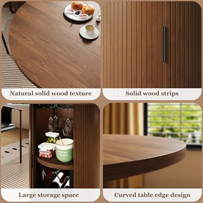 Wildhome Round Dining Table for 2-3, 31 Inch Dining Room Kitchen Table with 2-Tier Storage Shelf & Wine Rack, Modern Farmhouse Fluted Wood Slide Door Dinner Furniture,Circle(Non scalable-32 In-Walnut) - color: Non-scalable-32 Inch-walnut
