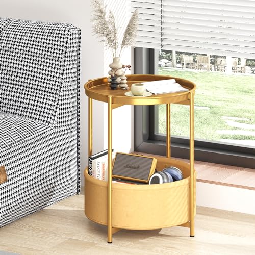 Garden 4 you Side Table with Fabric Storage Basket, Round Metal End Table, Small Bedside Table Nightstand with Removable Tray, for Nursery, Living Room, Bedroom, Bathroom, Gold - color: Gold