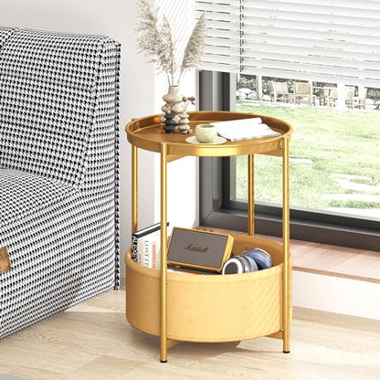 Garden 4 you Side Table with Fabric Storage Basket, Round Metal End Table, Small Bedside Table Nightstand with Removable Tray, for Nursery, Living Room, Bedroom, Bathroom, Gold - color: Gold