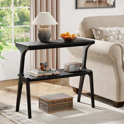 Tribesigns 2-Tier Solid Wood Side Table, Modern Black End Table with Storage Shelves, Tall Slim Side Table for Couch with Unique Legs, Long Bedside Table for Bedroom, Living Room - color: Black