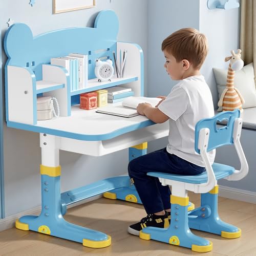 Kids Desk and Chair Set, Height Adjustable Child's School Study Writing Tables, Kids Desk with Bookstand and Storage Drawer, Widened Desktop with Desktop for Boys and Girls (Blue-F) - color: Blue-f