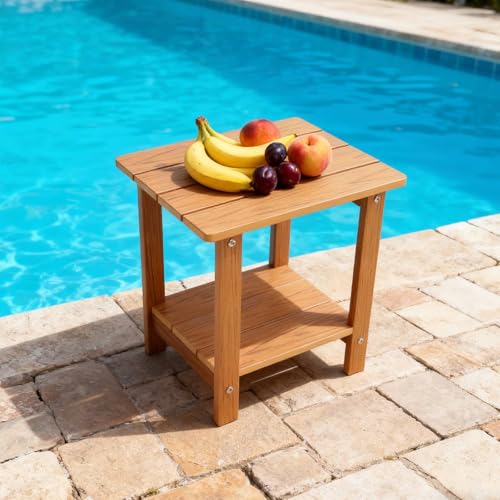 Small Leisure Line Side Table, 2-Tier Adirondack Side Table Outdoor with Open Shelf, 16 in Wooden Deck Table for Patio Porch Pool, 200 Lbs Capacity, Easy Assembly (Teak) - color: Teak