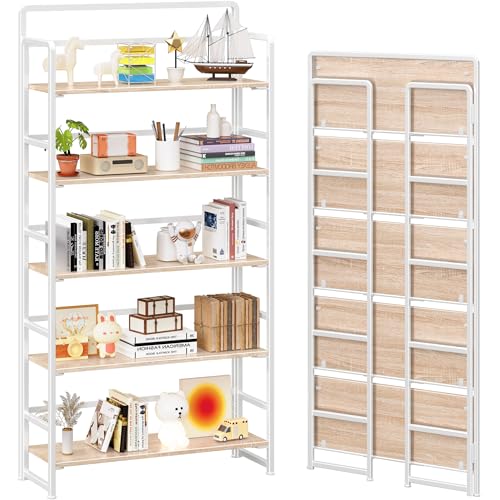 4NM No Assembly Extra Wide 5 Tiers Folding Bookshelf Storage Shelves Vintage Bookcase Standing Racks Study Organizer Home Office (Natural White) - color: Natural White, size: Wide 5 Tiers