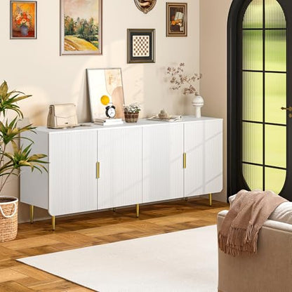 65" Fluted Sideboard Buffet Cabinet with Storage, Console Cabinet with 4 Doors & Adjustable Shelves, Modern Buffet Table for Kitchen Dining Living Room Hallway‌ Entryway, White - color: White