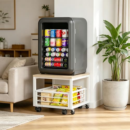 HOOBRO End Table, Mini Fridge Stand with Storage, Mini Fridge Table with Wheels and Adjustable Feet, Sturdy Metal Frame, for Living Room, Bedroom, Office, White and Natural WN155TL01 - color: White + Natural
