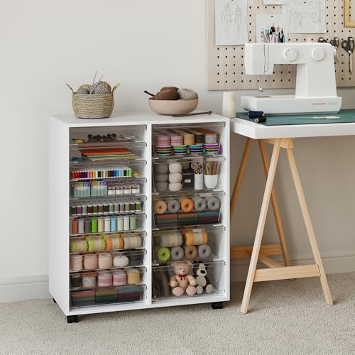 WOPITUES Mobile Storage Cabinet with 15 Clear Drawers, Craft Cabinet with 5 Large Drawers, Cart with Wooden Tabletop, Printer Stand Home Office, Dresser Chest, Modern White - color: White, size: 10M+5L