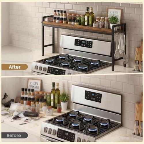 31 Inch Over the Stove Spice Rack, Adjustable 3-Tier Stove Top Shelf Equipped with 6 Utility Hooks to Organize Spices & Kitchen Gadgets (Browm) - color: Brown