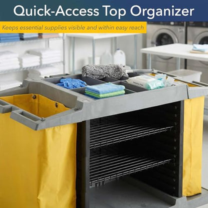 59” x 21” x 38” 3-Shelf Multifunctional Housekeeping Cart - Commercial Hotel Cart with 2 Vinyl Bags, 8 Top Compartments, Vacuum Bracket, Locking Casters for Janitorial and Room Service Use - 132 lb - size: Medium (3 Shelf)