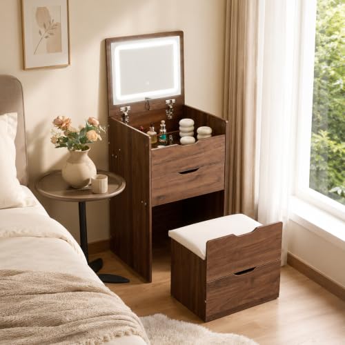 Small Vanity with Mirror and Lights for Small Space, 3-in-1 Compact Makeup Vanity Desk with Storage, Flip Top Vanity Table with Hidden Stool, 3 Color Mode, Drawers & Jewelry Organizer, Mini Vanity Set - color: Walnut, size: 19"